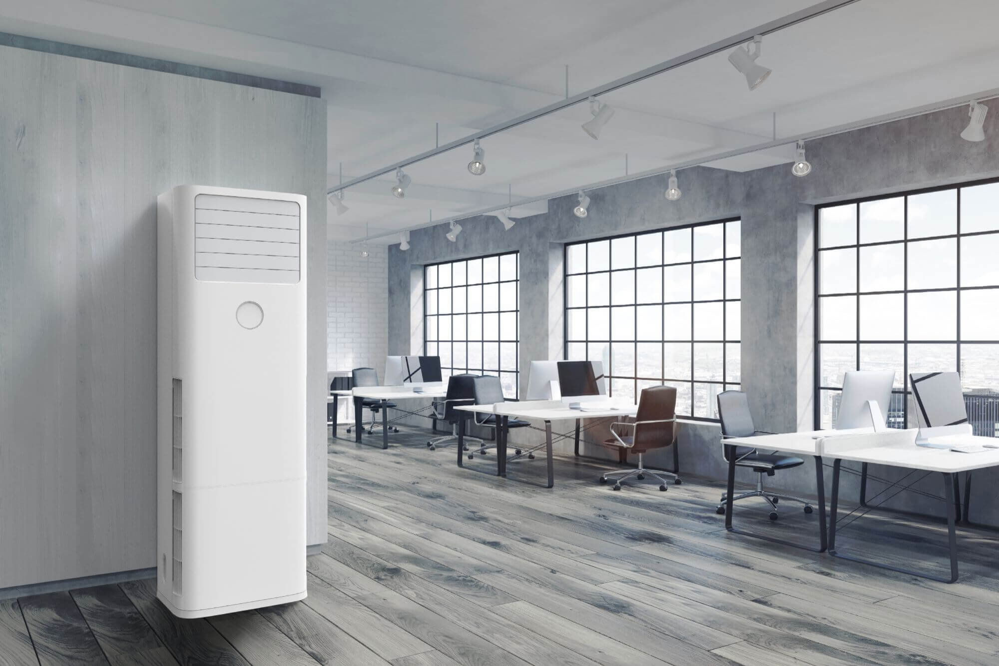 Klimaanlage an einer Wand montiert in modernen Büroräumen
