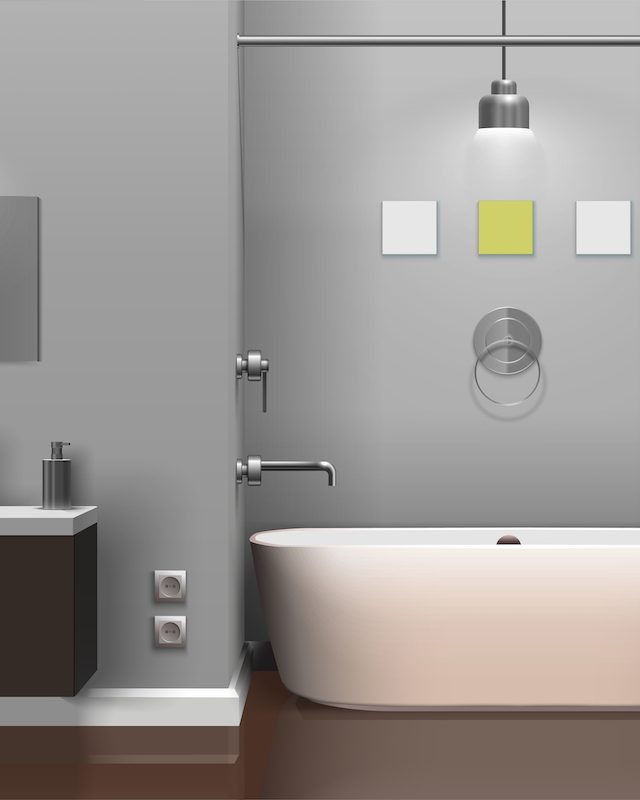 Modern realistic bathroom interior design with white sanitary equipment, shelves on grey wall, decorative plant vector illustration